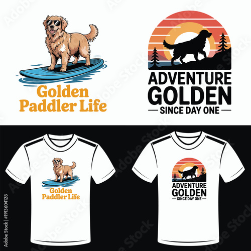 Golden Retriever Surfing and Adventuring with Text and T-shirt Designs surfboard paddleboard