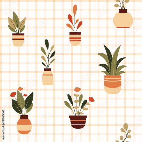 Vector pattern with flat hand drawn house plants in various pots on a white background. Greenhouse. and interior decoration Texture with greenery in flowerpots for wrapping paper, wallpaper, check