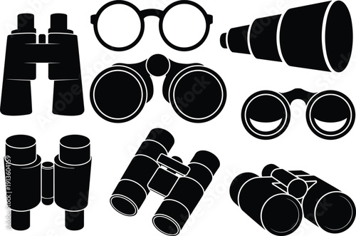 Binoculars eyeglasses telescope silhouette illustration, optical instrument design, vision aid vector art, observation icon, magnification graphic artwork concept