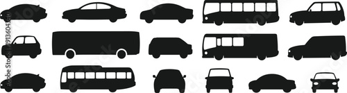 PrintBlack vehicle silhouettes collection, cars, vans, buses, transportation icons, automotive design, traffic illustration, mobility concept, vector art