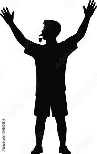 Black silhouette of a sports referee blowing a whistle with arms raised, umpire signaling touchdown or goal, game official, vector
