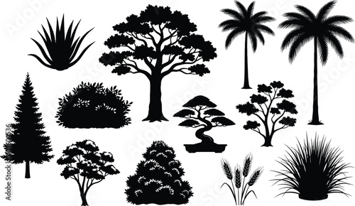 Silhouette set of various trees and plants including palm, oak, pine, bonsai, aloe vera, wheat, grass, and bushes, black vector illustration collection.