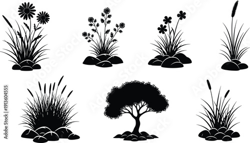 Silhouette set of wild grass and flowers growing on stones, nature landscape collection, black vector illustration isolated on white background, garden, plant, rock.