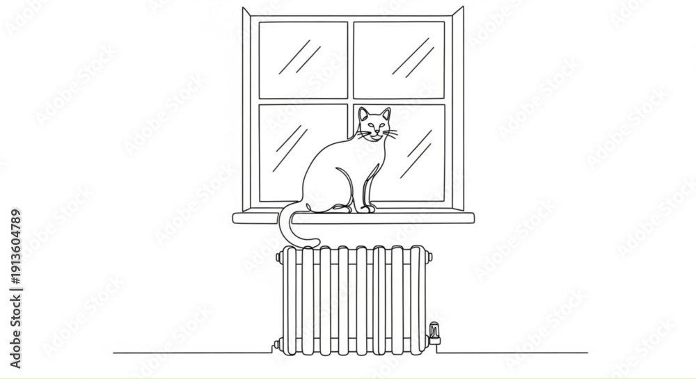 Fototapeta premium Cat sitting on windowsill above radiator with view outside 