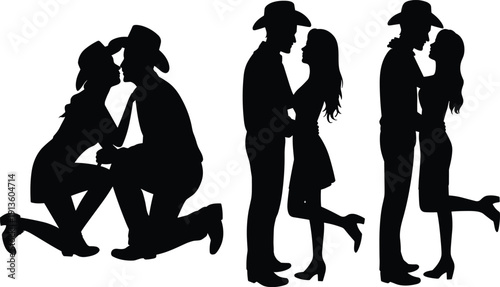 PrintCowboy couple silhouette illustration, romantic pose design, western love vector art, country relationship icon, affectionate graphic artwork concept