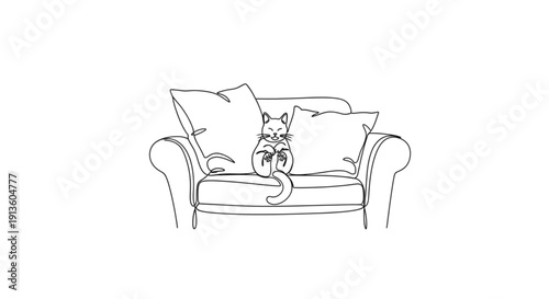 Cat sitting between cushions on a couch in minimalist style  