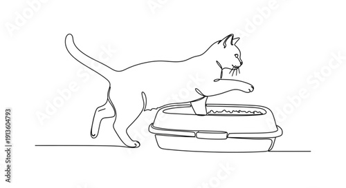 Cat stepping into a litter box in minimal line art style  
