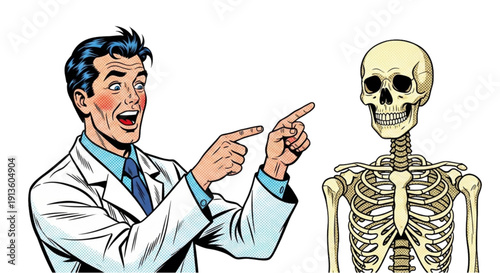 Doctor explaining skeleton anatomy in educational illustration  