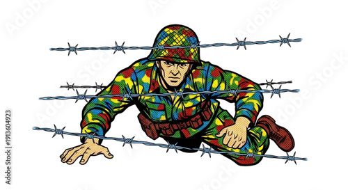 Cartoon soldier crawling under barbed wire in camouflage uniform  