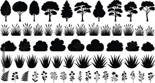 Tree and plant silhouette set featuring forest trees, garden bushes, tall grass, reeds, succulents, and wild flowers, black vector illustration collection, nature.