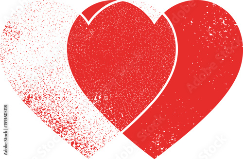 Two red hearts with grunge texture, vector illustration isolated on white background, romantic symbol for valentines day card, vintage style design art.
