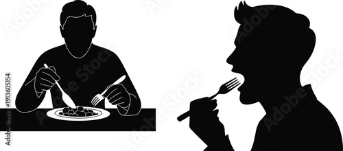 PrintEating silhouette illustration, dining gesture icons, people at table, food consumption design, meal vector art, lifestyle concept graphic