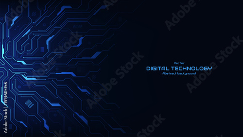 Futuristic circuit background in blue. Circuit board circle line dots connection. Computer motherboard with processors and semiconductors. Modern AI innovation concept. Vector illustration.