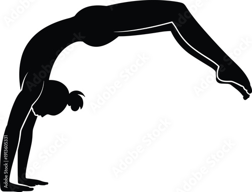 Gymnast silhouette backbend illustration, acrobatic bridge pose design, yoga flexibility vector art, dance movement icon, fitness graphic artwork