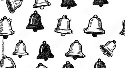 Seamless Pattern of Hand-Drawn Bells on a White Background, Vintage Style