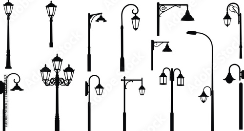 Vector collection of street lamp silhouettes, vintage and modern lantern posts, black urban lighting pole icons isolated on white background for architecture.