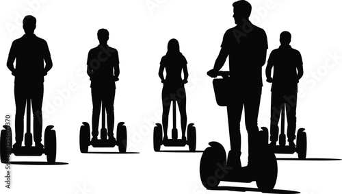 Black silhouettes of diverse people riding electric scooters, group of tourists on a segway tour, modern urban transport, mobility, vector