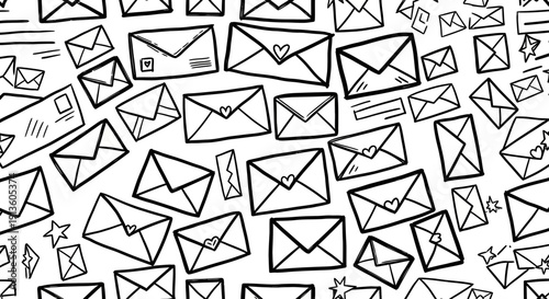 Seamless pattern of hand-drawn envelopes and letters in black and white sketch style