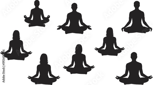 Black silhouettes of diverse people in yoga lotus pose, men and women meditating for wellness and mindfulness, zen exercise, vector