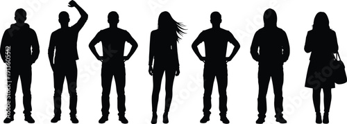 Black silhouettes of diverse young men and women standing in a row together against white background representing community, unity, teamwork, and social group connectivity