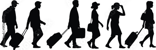 Black silhouettes of diverse travelers walking with suitcases and backpacks, men and women carrying luggage at the airport, travel, vector
