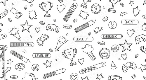 Doodle Gaming Pattern with Trophies, Stars, and Controllers, Pixel Art Style