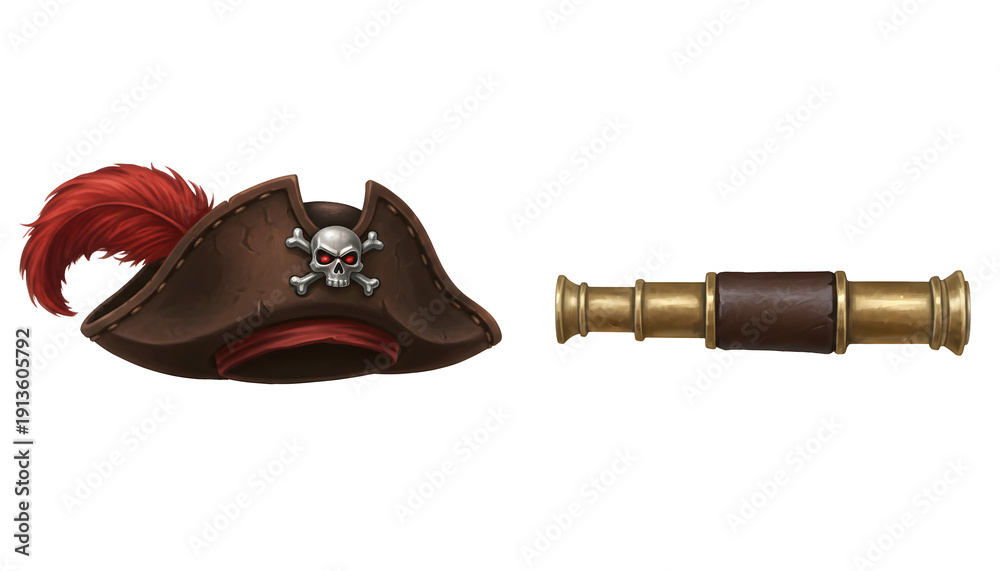 Obraz premium A brown pirate tricorn hat with a red feather and skull emblem sits next to a brass and leather spyglass, both rendered with a painterly texture. isolated PNG with Transparent Background