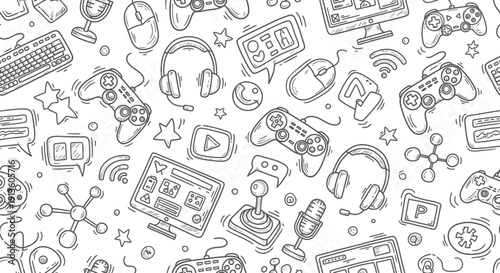 Seamless pattern of gaming icons and elements, digital art on a white background