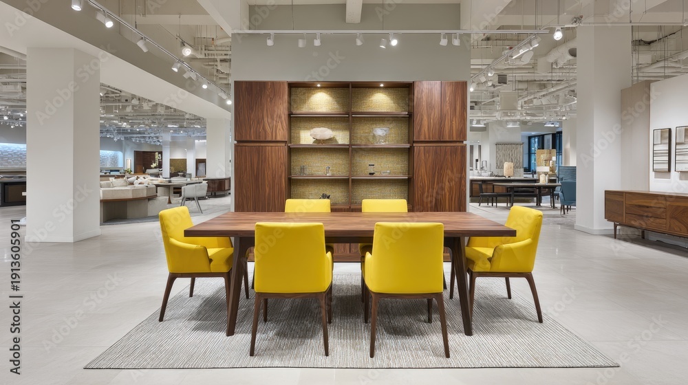 Obraz premium Modern dining room setting with yellow chairs and wooden table in stylish showroom showcasing contemporary furniture designs and elegant home decor options