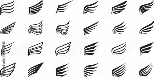 Collection of abstract black wing or feather shapes arranged on a white background