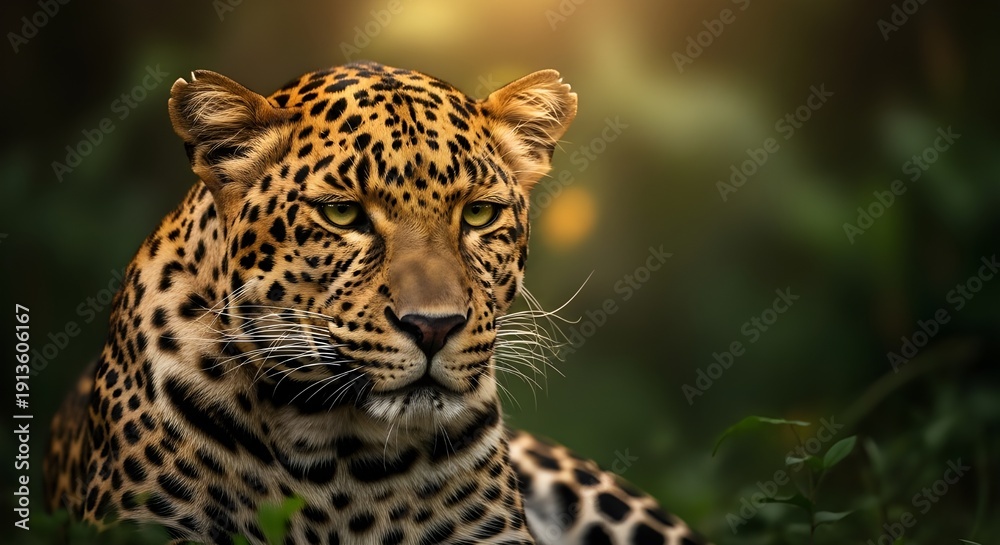 Obraz premium Majestic Leopard Resting in Lush Forest with Golden Sunlight