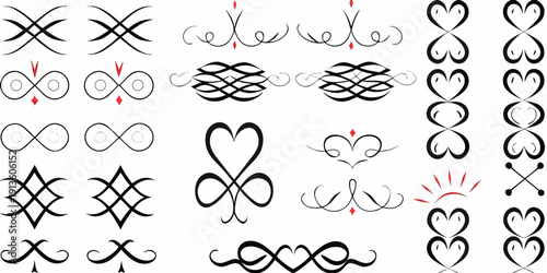 Collection of ornate flourishes and decorative swirls in black and white