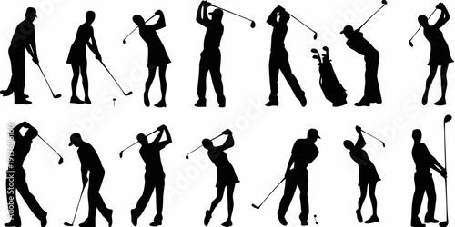 Silhouettes of golfers in various swing phases showcasing the golf motion