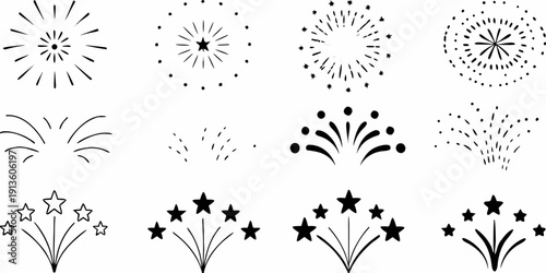 Black and white illustration of various firework and starburst designs