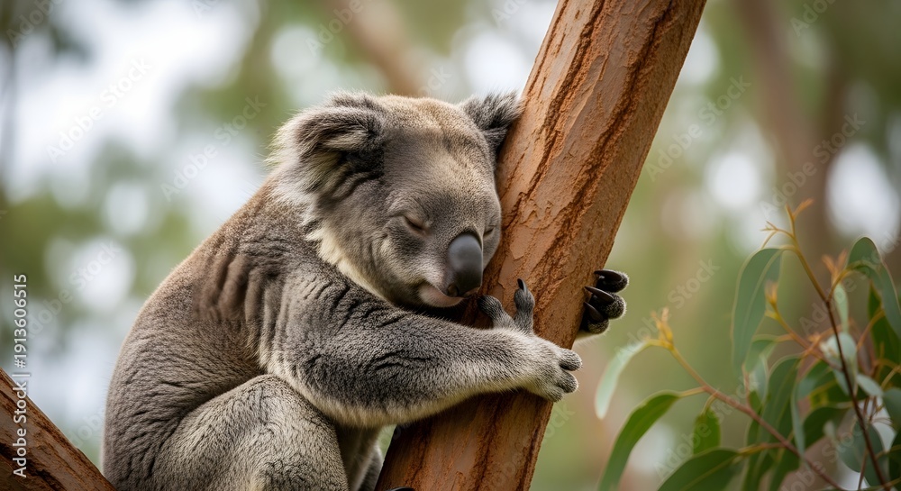 Fototapeta premium Close Up Profile of Koala Resting on Tree Trunk with Soft Bokeh Background