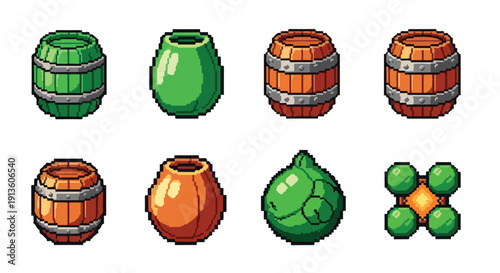 Foto A vibrant pixel art vector showcasing eight distinct retro game assets, including green and orange barrels, pots, and peculiar green objects
