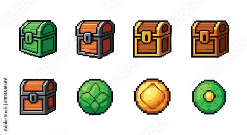 A collection of pixel art game assets featuring various treasure chests and spherical items in an isometric style, ideal for fantasy games.