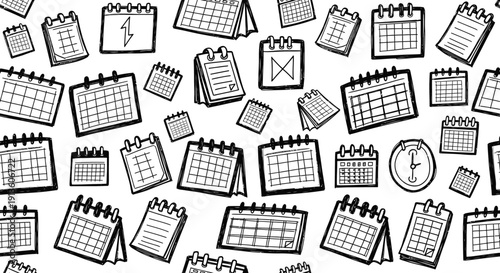 Hand Drawn Calendar Icons Pattern, A Collection of Various Calendar Designs in Black and White