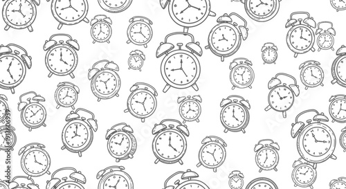 Seamless pattern of vintage alarm clocks in a doodle sketch style