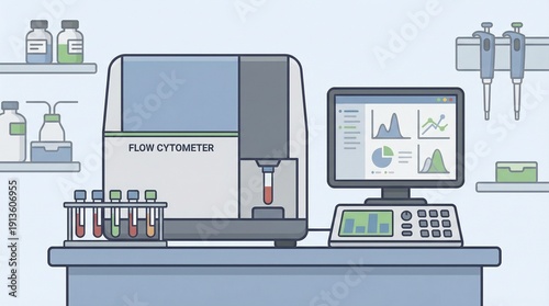 Flow cytometer machine illustration with blood samples and computer screen displaying data in a laboratory setting.