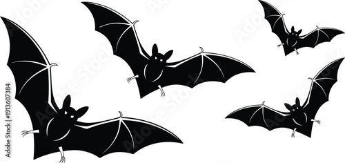 Cartoon black bats flying illustration, spooky Halloween decoration, nocturnal animal artwork, creepy gothic design, isolated white background