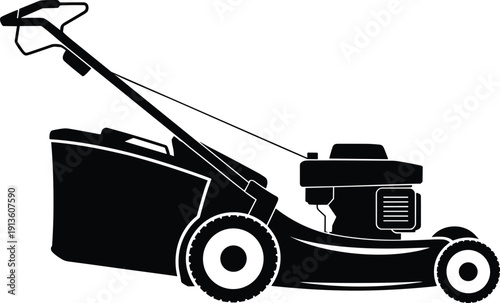 Lawn mower silhouette illustration, gardening equipment design, grass cutting vector art, outdoor tool icon, landscaping graphic, yard maintenance artwork