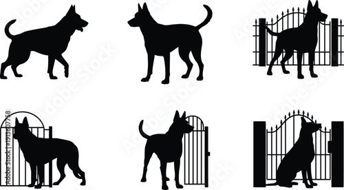 German Shepherd Dog Silhouette Collection with Garden Gate, Guard Dog Security Outlines, Pet Animal Standing and Sitting Vector Illustration Set.