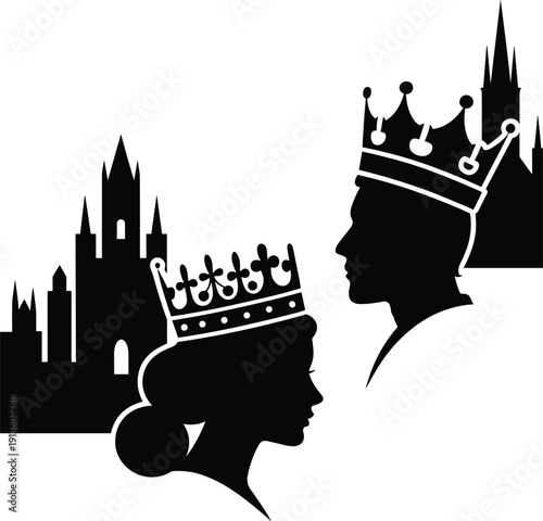 PrintRoyal couple silhouette illustration, king and queen design, medieval castle vector art, monarchy icon, fantasy graphic, noble artwork concept