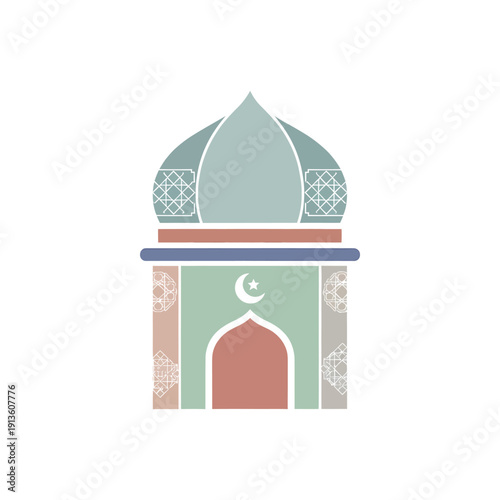 “Home icon with Islamic ornament, Lebaran homecoming concept, flat illustration, pastel colors, minimal detail, single icon, no text, transparent background”