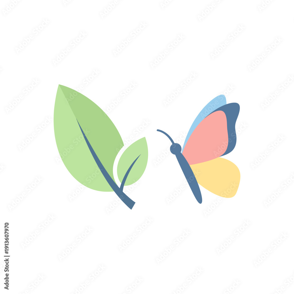Obraz premium Minimalist Butterfly and Leaf Icon on White Background