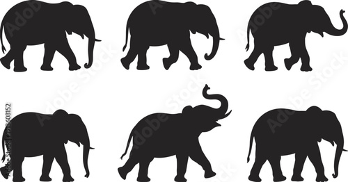 Elephant silhouettes collection, wildlife animal poses, safari illustration, African nature design, black vector art, creative decoration