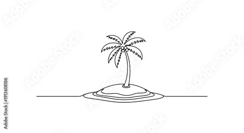 Palm Tree on Small Island in Ocean, Simple Line Art