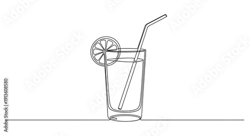 Line Art Glass with Lemon and Straw on White Background