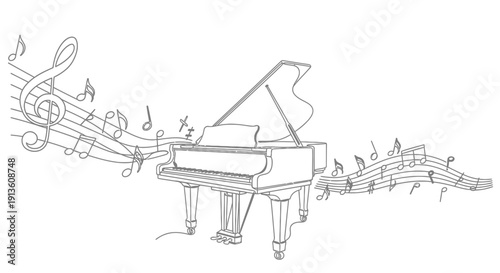 Grand Piano with Musical Notes and Treble Clef Illustration